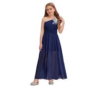 TiaoBug Enfant Fille Robe Princesse Asymétrique Une Épaule Nue Robe Demoiselle d'honneur Mariage Cérémonie Soirée Tutu sans Manche Robes de Bal Carnaval Fête 5-16 Ans Bleu Marine B 15-16 Ans