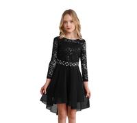 TiaoBug Enfant Fille Robe Princesse Cocktail Élégante Robes Mariage Soirée Cérémonie Dentelle Manche Longue Robe Demoiselle d'honneur Anniversaire 5-16 Ans Noir A 13-14 Ans