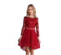 TiaoBug Enfant Fille Robe Princesse Cocktail Élégante Robes Mariage Soirée Cérémonie Dentelle Manche Longue Robe Demoiselle d'honneur Anniversaire 5-16 Ans Bourgogne A 11-12 Ans