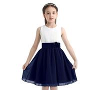 TiaoBug Enfant Fille Robe Soirée Cocktail Robe Demoiselle d'honneur Mariage Plissé Robe à Fleur Robe en Mousseline Tutu Danse Bal Robe Princesse Fête Robe 4-14 Ans Blanc & Bleu Marin 14 Ans