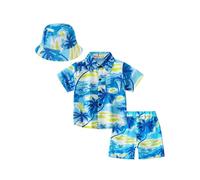 TiaoBug Enfant Garçon Ensemble Hawaï Imprimée Chemise de Plage Manches Courtes et Pantalon Courte Chapeau Vêtements Plage Vacances d'été à Fleurs Tropicales 3-14 ans Bleu 13-14 ans