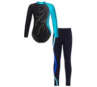 TiaoBug Enfants Filles Justaucorps Gymnastique Manches Longues Bodysuit Combinaison et Legging Ensemble Sport Tenue de Patinage Artistique Costume Spectacle 5-14 Ans Blue Green&Royal Blue A 13-14 ans