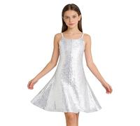 TiaoBug Enfants Robe De Danse pour Filles avec Paillettes Robe Chemisier Crayon Filles Paillettes Robes Anniversaire Danse De Bal Argent 9-10 Ans