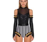 TiaoBug Femme Cirque Ringmaster Costume Ballet Leotard Paillettes Brillantes Dompteuse Cirque Combinaison Avec Franges Carnaval Dancewear Disco Noir M
