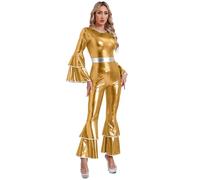 TiaoBug Femme Déguisement Disco Combinaison des Années 70s 80s Costume Danse Hippie Jazz Tango Zippée Justaucorps de Danse Brillant Salopette avec Pantalon Evasé S-3XL Or M