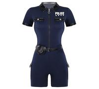 TiaoBug Femme Déguisement Policière Uniforme Costume de Policier Costume Agente Secrète Combinaison Zippée Manches Courtes Cosplay Fête Carnaval Halloween S-4XL Bleu marine L