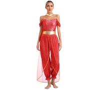 TiaoBug Femme Déguisement Princesse Arabe Cosplay Arabian Princess Costume Carnaval Halloween Combinaison Justaucorps Gymnastique Danse à Paillettes Jumpsuit Bodysuit Rouge XL