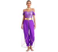 TiaoBug Femme Déguisement Princesse Arabe Cosplay Arabian Princess Costume Carnaval Halloween Combinaison Justaucorps Gymnastique Danse à Paillettes Jumpsuit Bodysuit Violet L