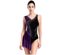 TiaoBug Femme Justaucorps de Danse Strass Tutu Robe de Patinage Artistique Patchwork sans Manche Combinaison Body Danse Ballet Gymnastique Robe Jazz Latine Tango S-XXL