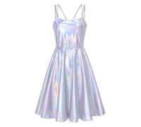 TiaoBug Femme Robe Cuir Plissée Holographique sans Manche Taille Haute | Robe Midi Volant Plissée,Étirement Métallique Brillant,Décolleté Bas,W nd,Sortie Nocturne,Discothèque,Cocktail,Vacances