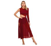 TiaoBug Femme Robe Danse Classique Asymétrique Justaucorps de Danse Une Manche Longue Robe Ballet Latine Jazz Tango Tenue de Patinage Artistique Dancewear S-XXL Bourgogne E L