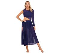 TiaoBug Femme Robe Danse Classique Asymétrique Justaucorps de Danse Une Manche Longue Robe Ballet Latine Jazz Tango Tenue de Patinage Artistique Dancewear S-XXL Bleu Marine E L