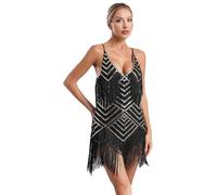 TiaoBug Femme Robe de Danse Latine Paillette Robe 1920S Flapper Sequins Robe Charleston Frangée à Bretelles Spaghetti Robe Samba Tango Salsa Belly Dancewear S-XL Or Noir S