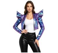TiaoBug Femme Similicuir Manteau Cardigan Devant Ouvert Fête Rave Pole Danse Performance Scène Armure D'Épaule Chevalier Mercenaire Bleu L