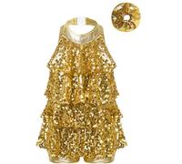 TiaoBug Justaucorps de Gymnastique Enfant Fille Léotard de Danse Ballet Paillettes Robe Danse Latine Jazz Rumba Salsa Valse Tango Performance Dancewear 5-16 ans Or C 15-16 ans