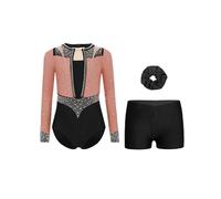 TiaoBug Maillots de Gymnastique 3 Pièces Enfant Fille Justaucorps Strass avec Shorts et Bandeau Ensemble Tenue Patinage Artistique Danse Spectacle 5-16 Ans Rose poudré noir 15-16 ans