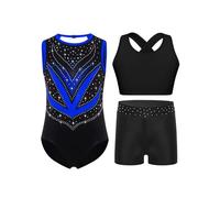 TiaoBug Maillots de Gymnastique 3Pcs Enfant Fille Justaucorps Shorts Bandeau Débardeur Tank Top Ensemble Tenue Patinage Artistique Danse Spectacle Bleu 5-6 ans