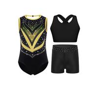 TiaoBug Maillots de Gymnastique 3Pcs Enfant Fille Justaucorps Shorts Bandeau Débardeur Tank Top Ensemble Tenue Patinage Artistique Danse Spectacle Or 11-12 ans