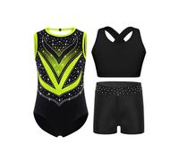 TiaoBug Maillots de Gymnastique 3Pcs Enfant Fille Justaucorps Shorts Bandeau Débardeur Tank Top Ensemble Tenue Patinage Artistique Danse Spectacle Vert fluorescent 11-12 ans