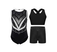 TiaoBug Maillots de Gymnastique 3Pcs Enfant Fille Justaucorps Shorts Bandeau Débardeur Tank Top Ensemble Tenue Patinage Artistique Danse Spectacle Noir 9-10 ans