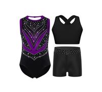 TiaoBug Maillots de Gymnastique 3Pcs Enfant Fille Justaucorps Shorts Bandeau Débardeur Tank Top Ensemble Tenue Patinage Artistique Danse Spectacle Violet 5-6 ans