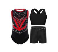 TiaoBug Maillots de Gymnastique 3Pcs Enfant Fille Justaucorps Shorts Bandeau Débardeur Tank Top Ensemble Tenue Patinage Artistique Danse Spectacle Rouge 5-6 ans