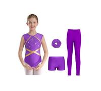 TiaoBug Maillots de Gymnastique 4Pcs Enfant Fille Justaucorps Strass Legging Short Chouchou Ensemble Gym Tenue Patinage Danse Costume Spectacle 5-16 Ans Violet 5-6 ans