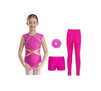 TiaoBug Maillots de Gymnastique 4Pcs Enfant Fille Justaucorps Strass Legging Short Chouchou Ensemble Gym Tenue Patinage Danse Costume Spectacle 5-16 Ans Rose vif 7-8 ans