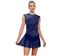 TiaoBug Robe Ballet Danse Classique Femme Strass Robe Lyrique Contemporaine Tenue Danse Latine Patinage Artistique Justaucorps Gymnastique Dancewear S-XXL Bleu Marine S