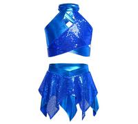 TiaoBug Robe Danse Jazz Enfant Fille Justaucorps Gymnastique à Paillettes Top Haut de Danse et Jupe Ensemble Robe Danse Jazz Hip-hop Latine Costume Spectacle 5-16 Ans Bleu 11-12 Ans