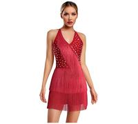 TiaoBug Robe de Danse Latine à Frange Femme Justaucorps Gymnastique Tenue de Patinage Artistique Léotard Danse Latine Jazz Tango Costume Compétition S-3XL Vin Rouge M