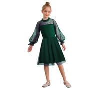 TiaoBug Robes Enfant Fille Manches à Volants Maille Trapèze Robe Princesse Soirée Cérémonie Robe Mariage Demoiselle Honneur Mi-Longue Robes d'été Décontractées Vert foncé 5-6 Ans
