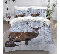 TiaoTian Housse De Couette 220x240 Cerf Neige 3D Parure De Lit et Fermeture éclair Linge De Lit et Oreillers Adulte Couvre Lit Souple Microfibre Parure De Lit 2 Personnes Animaux Nature