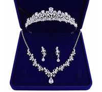 TIAOWU Parure de bijoux de mariée avec collier, boucles d'oreilles et diadème pour mariage, demoiselle d'honneur avec boîte cadeau argentée/dorée, Box 19.3x15.2x5.5cm, Alliage + zircone, Cristal