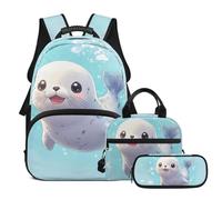 Tiasarato Ensemble sac à dos pour fille avec boîte à déjeuner isotherme et trousse à crayons 43,2 cm pour cartable de 1ère année de 6 à 8 ans, Sceau bleu mignon, Sacs à dos de voyage
