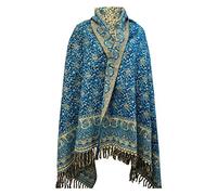 Tibet Écharpe d'hiver en laine douce et chaude avec imprimé floral et feuilles - Fait à la main - Couverture décorative surdimensionnée réversible en pure laine de yak, bleu, taille unique