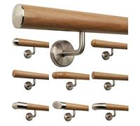 TIBU Main courante en bois de chêne 0,3m - 6m, longueur 160 cm, extrémité avec embout en acier inoxydable légèrement bombé et 3 supports coudés