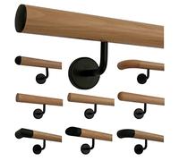 TIBU Main courante en bois de hêtre - 30 à 500 cm - Support noir - Main courante murale - Pour escalier - Longueur 180 cm - Avec 3 extrémités - Capuchons noirs légèrement bombés