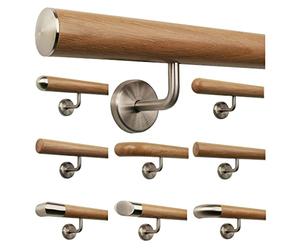 TIBU Main courante en chêne 0,3m - 6m, Longueur 130 cm, extrémité avec capuchon légèrement bombé en acier inoxydable et 2 supports angulés