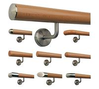 TIBU Main courante en hêtre avec poignée en bois de hêtre, support en acier inoxydable, longueur 30 - 500 cm en une seule pièce/variante : 180 cm avec 3 supports, capuchon légèrement bombé