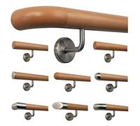 TIBU Main courante en hêtre pour escalier, rambarde - Poignée en bois - Supports en acier inoxydable, longueur 30 - 500 cm en une seule pièce / Variante : 130 cm avec 2 supports en bois incurvé