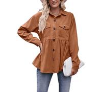 TICIFEN Chemises en velours côtelé à manches longues boutonnées pour femme - Nuisette péplum - Tunique ample, 02caramel, Small