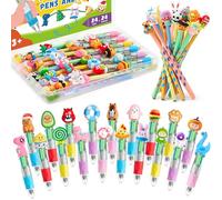 TicKiddos 24 Pcs Stylos multicolores + 24 Pcs Crayons: 4 Stylos et Crayons à Bille de Couleur avec Capuchon en Forme d'animal pour les enfants et les filles Cadeaux d'anniversaire