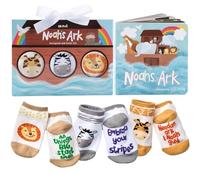 Tickle & Main Noah's Ark Coffret cadeau 4 pièces pour bébé de 0 à 12 mois avec livre d'histoires et 3 paires de chaussettes en forme d'animal, cadeau de baptême, de confirmation et de cadeaux de