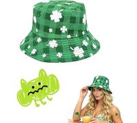 TICKLELY Chapeau bob Saint-Patrick Femme Homme réversible Vert trèfle avec Autocollants, 1 pièce Accessoire déguisement 56-58cm fête Costume Irlande Plage randonnée Plein air