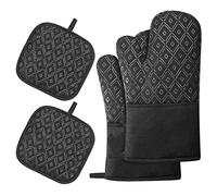 TICKLELY Gants de Cuisine Lot de 4 maniques - 2 Gants antidérapants de Cuisine et 2 Sets de Table individuels, Gants de Four Design antidérapant en Silicone pour Cuisine,Pâtisserie,Grillage (noir)