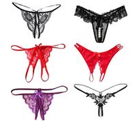 TICKLELY Lot de 6 Tanga Femme Dentelle Sexy Sous-vêtements avec Ouverture Ouverte Fleur de Perle, Noir