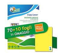 Tico Italia LP4FG-210297P Étiquettes adhésives jaunes fluo, 70 + 10 feuilles supplémentaires, rectangulaires 210 x 297 mm, 1 étiquette par feuille, autocollant permanent, imprimantes laser et jet