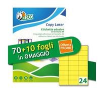 Tico Italia LP4FG-7036P Étiquettes adhésives jaunes fluo, 70 + 10 feuilles supplémentaires, rectangulaires 70 x 36 mm, 24 étiquettes par feuille, autocollant permanent, imprimantes laser et jet