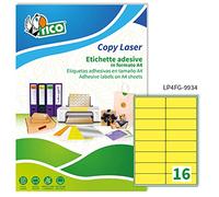 Tico Italia LP4FG-9934 Étiquettes adhésives jaunes fluo, 70 feuilles A4, rectangulaires 99,1 x 34 mm, 16 étiquettes par feuille, autocollant permanent, imprimantes laser et jet d'encre
